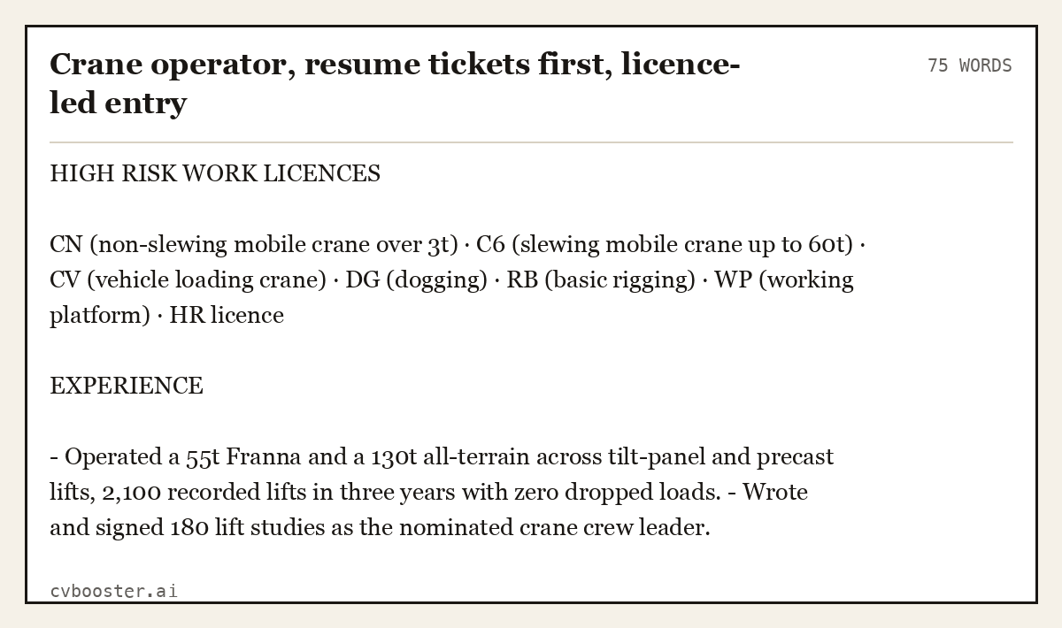 Complete Crane operator, resume tickets first, licence-led entry example, 75 words, laid out as it would sit in the application form