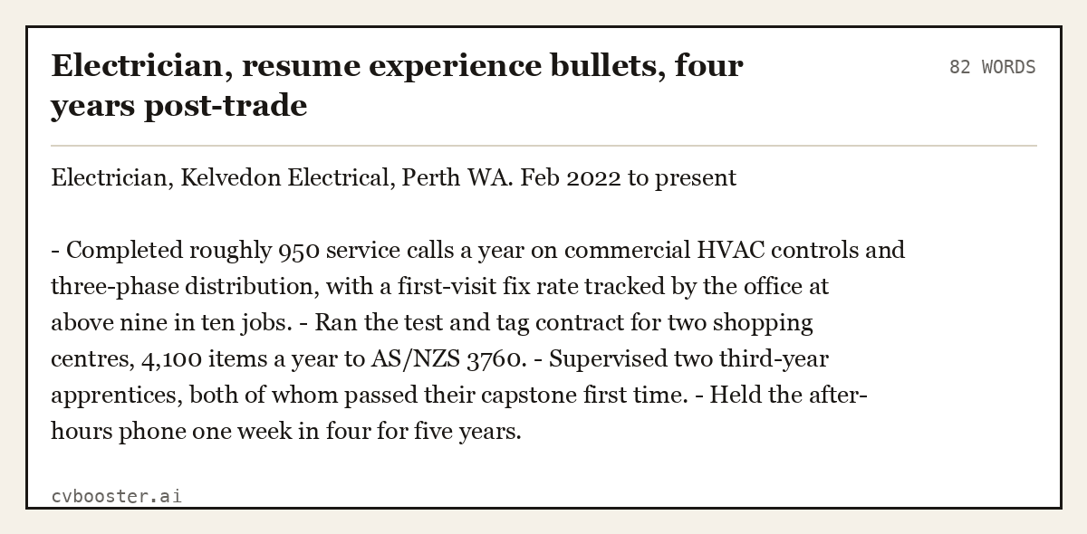 Complete Electrician, resume experience bullets, four years post-trade example, 82 words, laid out as it would sit in the application form