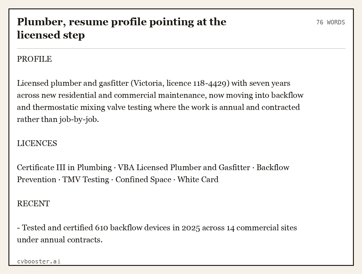 Complete Plumber, resume profile pointing at the licensed step example, 76 words, laid out as it would sit in the application form