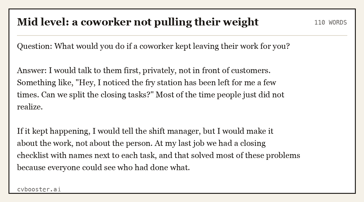 Complete Mid level: a coworker not pulling their weight example, 110 words, laid out as it would sit in the application form