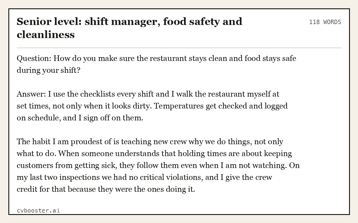Complete Senior level: shift manager, food safety and cleanliness example, 118 words, laid out as it would sit in the application form