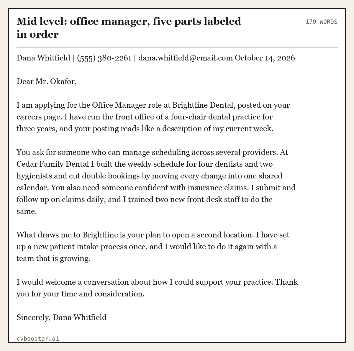 Complete Mid level: office manager, five parts labeled in order example, 179 words, laid out as it would sit in the application form