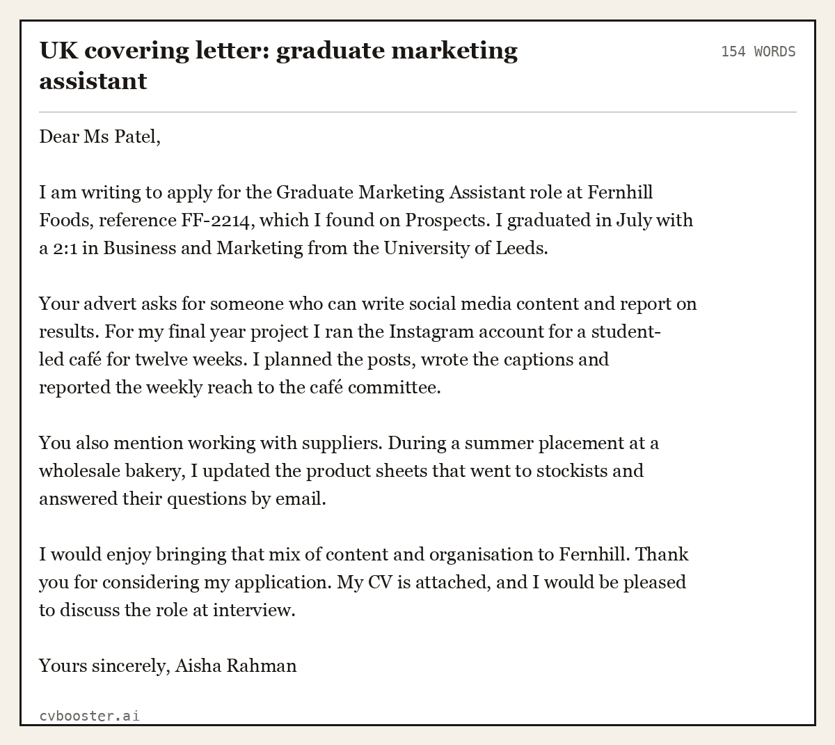 Complete UK covering letter: graduate marketing assistant example, 154 words, laid out as it would sit in the application form