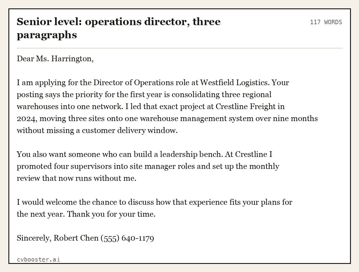 Complete Senior level: operations director, three paragraphs example, 117 words, laid out as it would sit in the application form