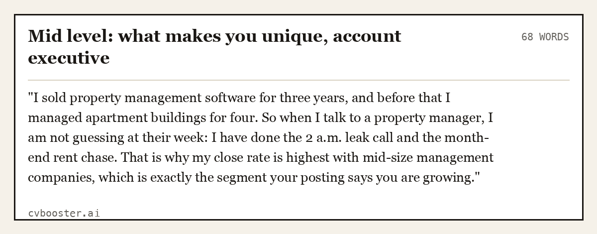 Mid level: what makes you unique, account executive, complete example, 68 words