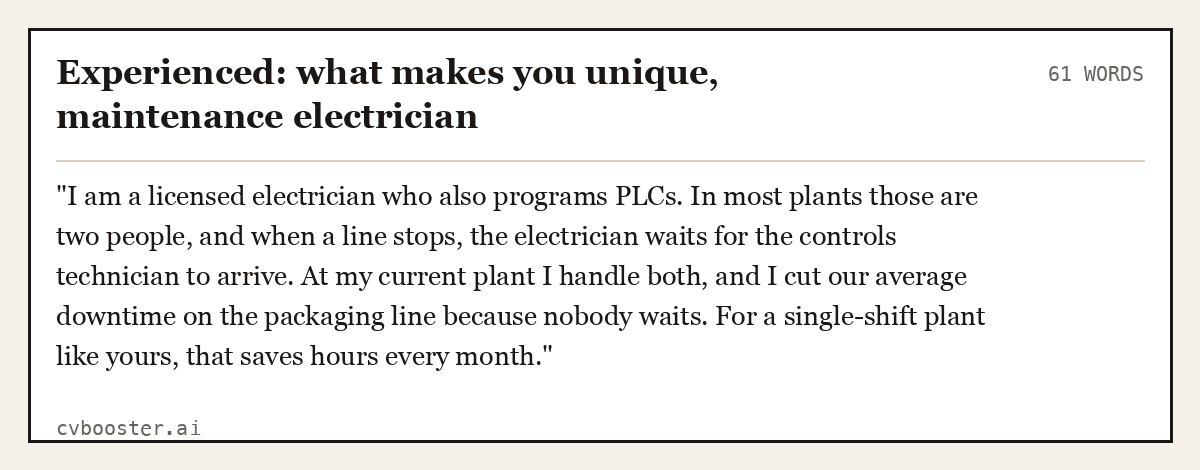 Experienced: what makes you unique, maintenance electrician, complete example, 61 words