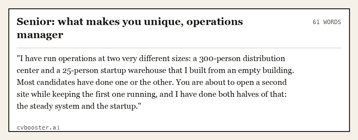 Senior: what makes you unique, operations manager, complete example, 61 words