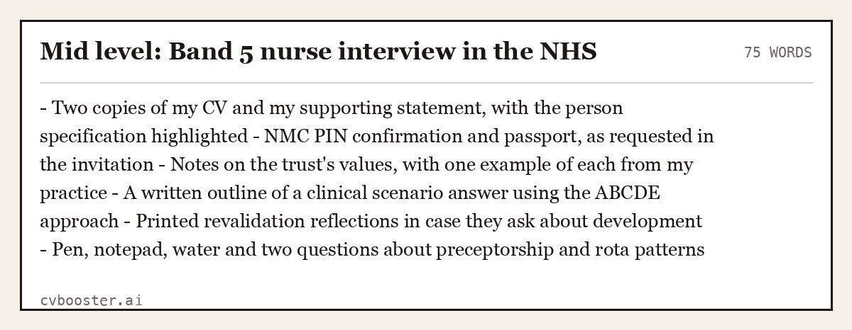 Complete Mid level: Band 5 nurse interview in the NHS example, 75 words, laid out as it would sit in the application form