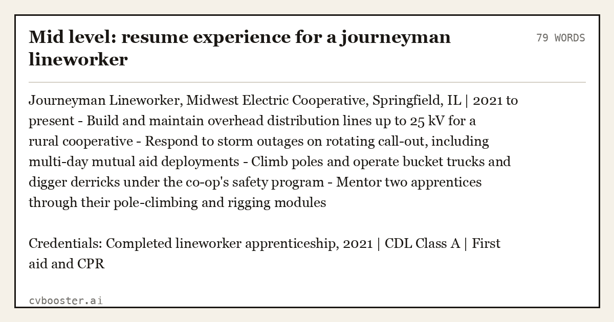 Mid level: resume experience for a journeyman lineworker, complete example, 79 words