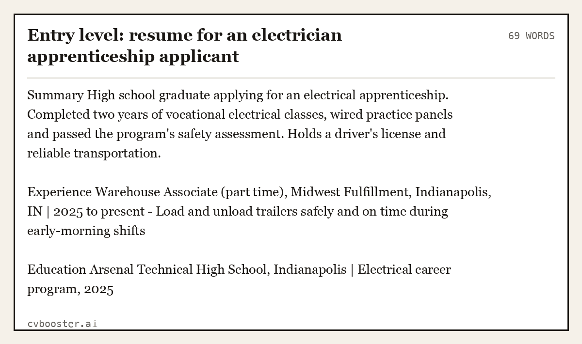 Entry level: resume for an electrician apprenticeship applicant, complete example, 69 words