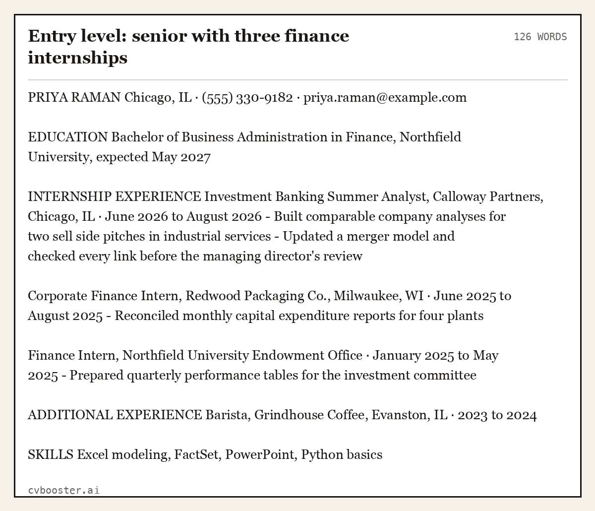 Complete Entry level: senior with three finance internships example, 126 words, laid out as it would sit in the application form