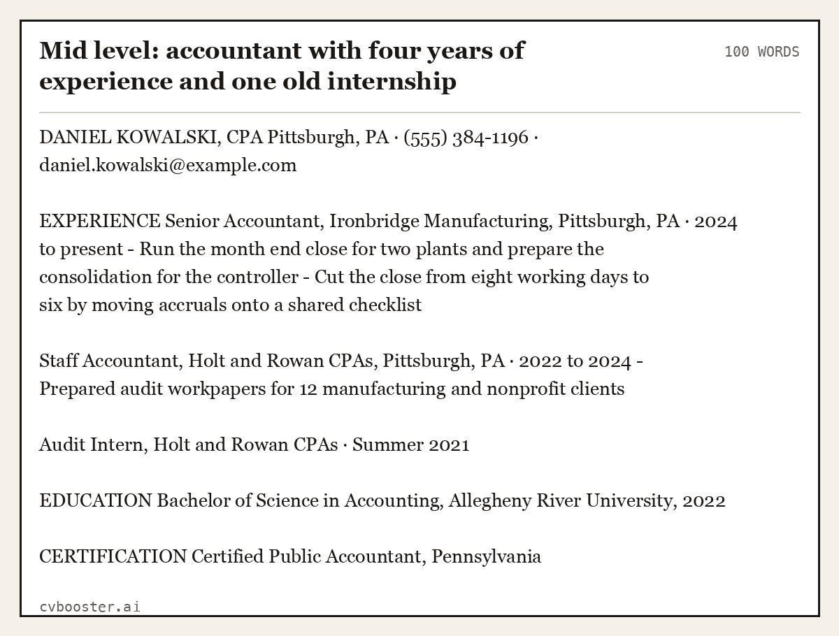 Complete Mid level: accountant with four years of experience and one old internship example, 100 words, laid out as it would sit in the application form