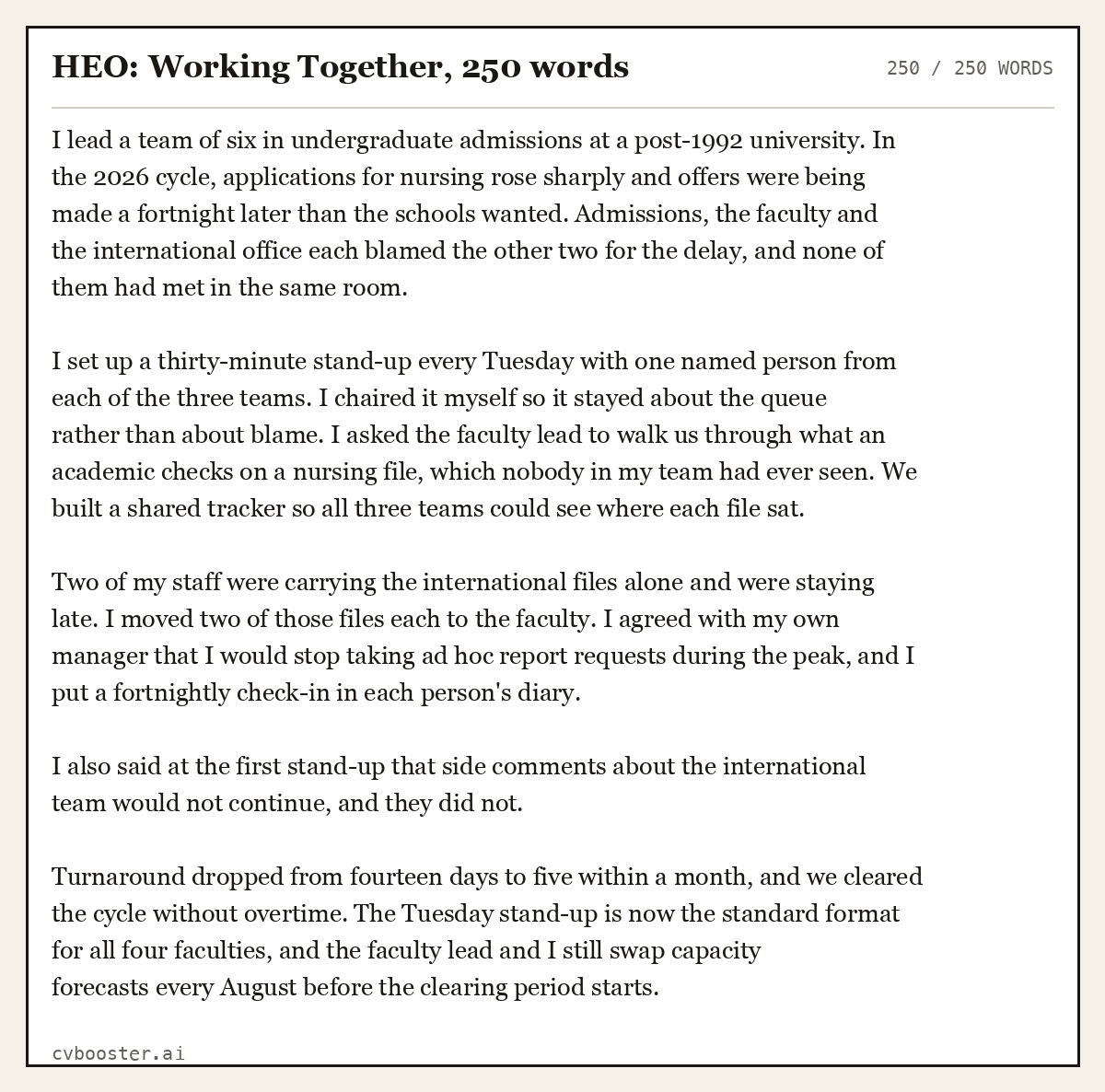Complete HEO: Working Together example, 250 words, laid out as it would sit in the application form