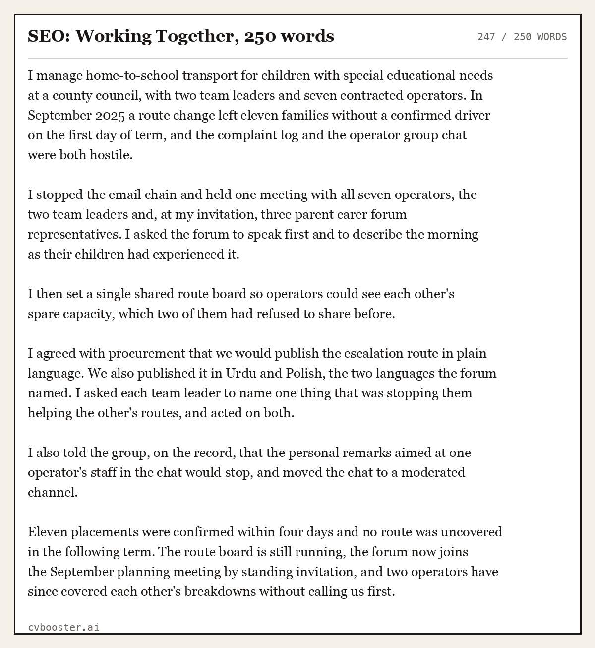 Complete SEO: Working Together example, 247 words, laid out as it would sit in the application form