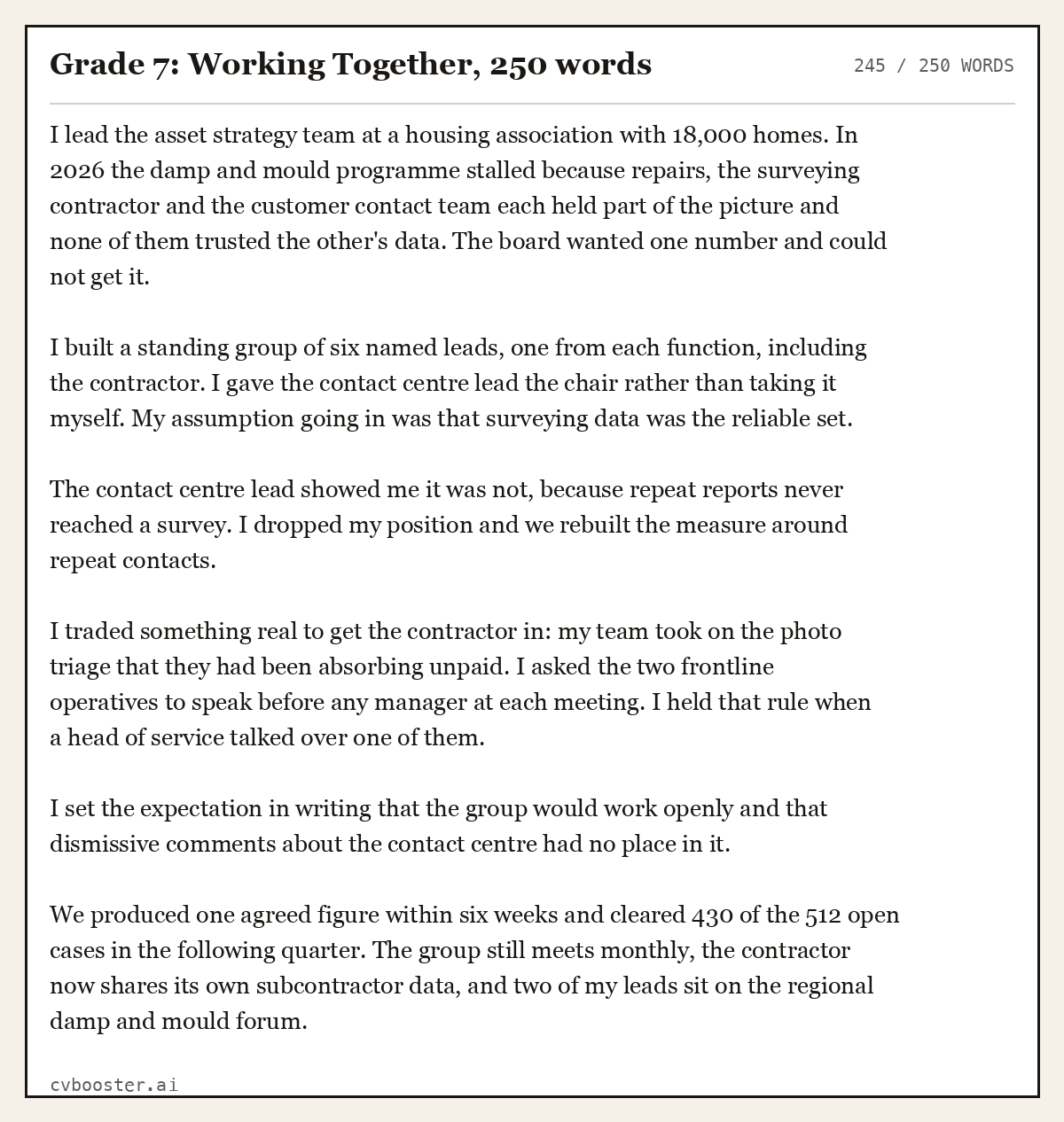 Complete Grade 7: Working Together example, 245 words, laid out as it would sit in the application form