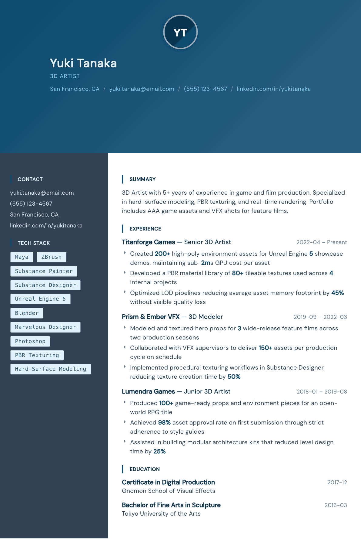 3D Artist resume example, Prism template