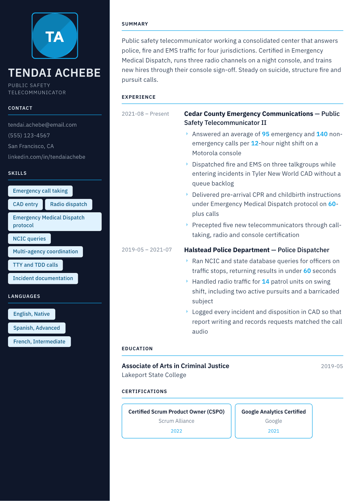 911 Dispatcher resume example, Everest template