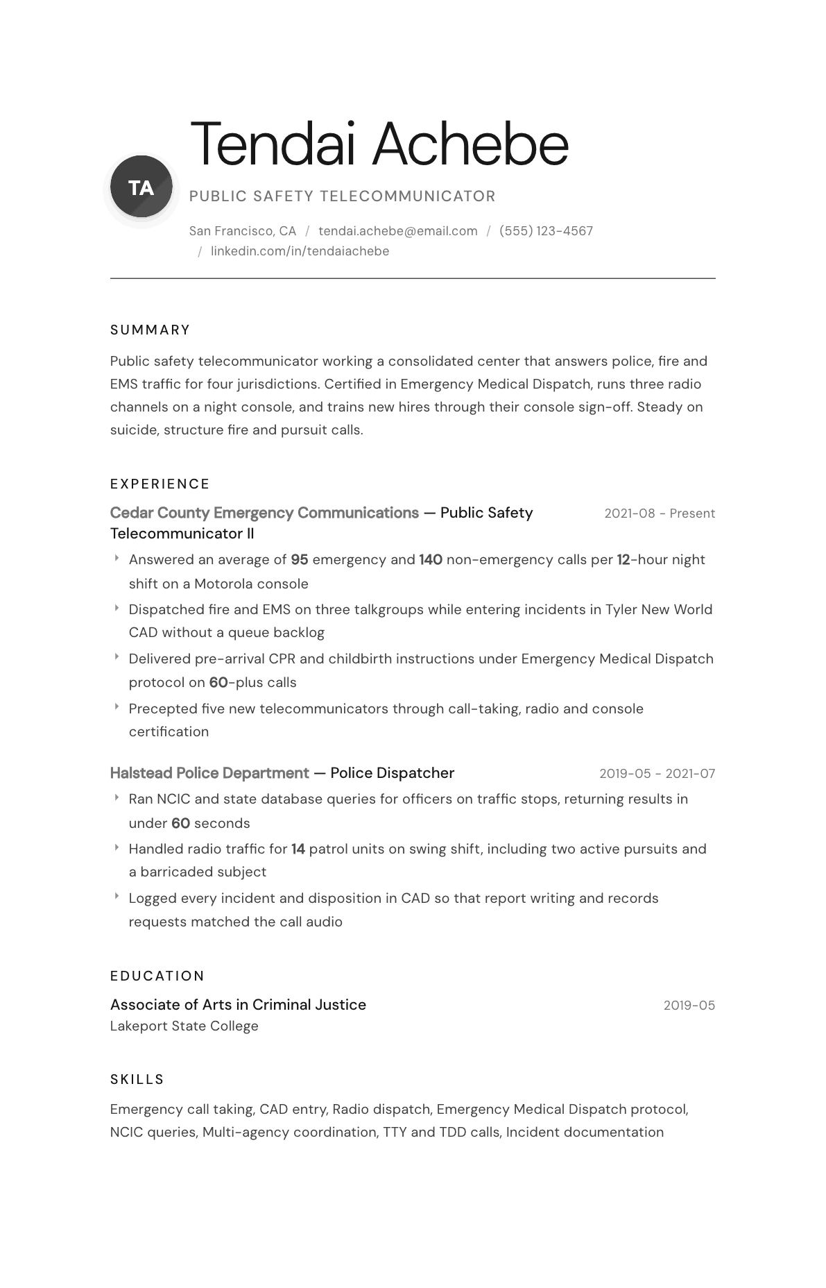 911 Dispatcher resume example, Whisper template