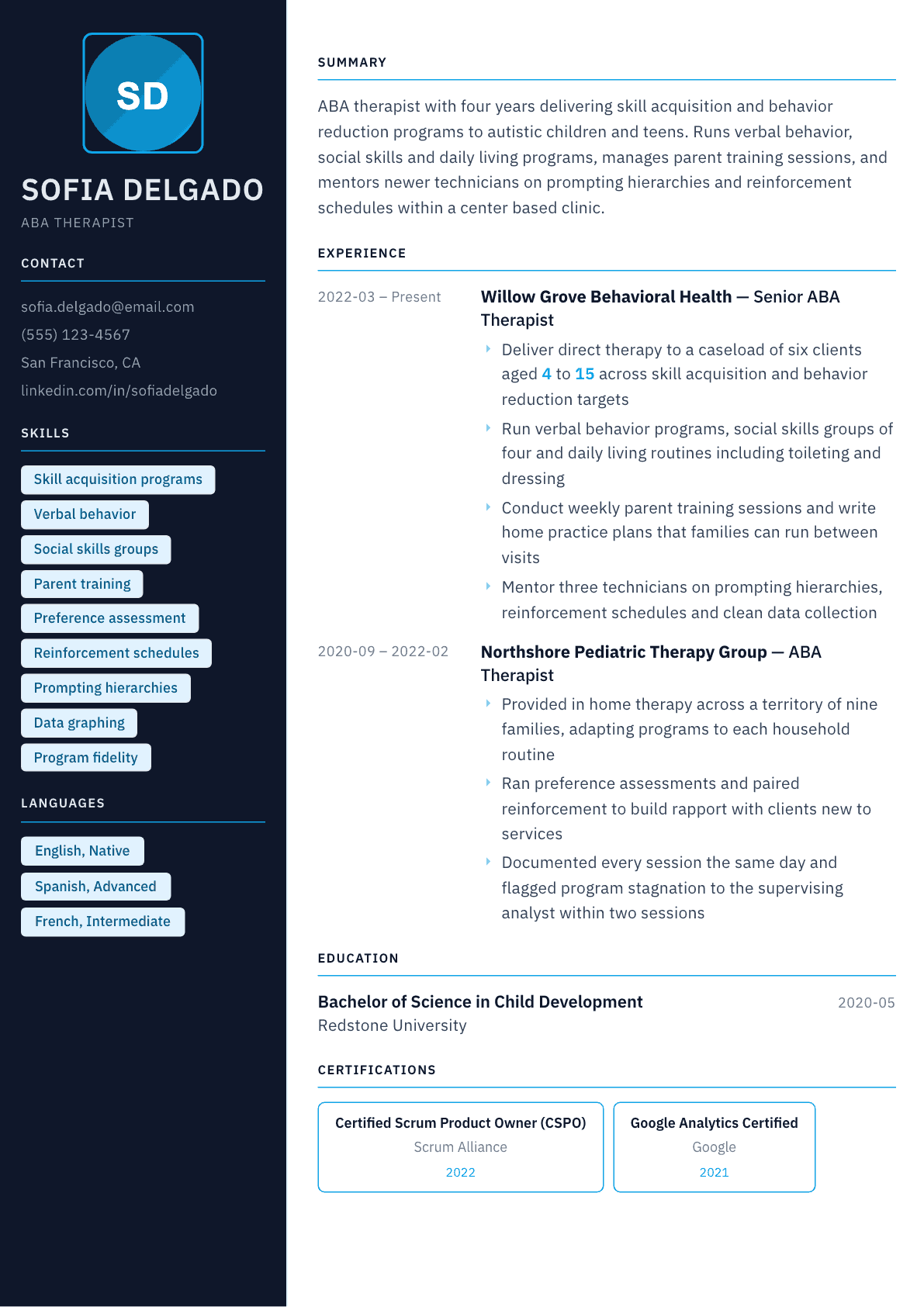 ABA Therapist resume example, Everest template