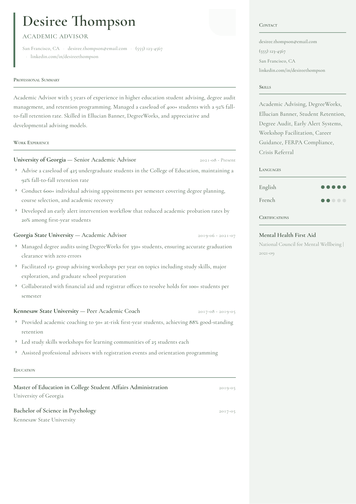 Academic Advisor resume example, Copenhagen template