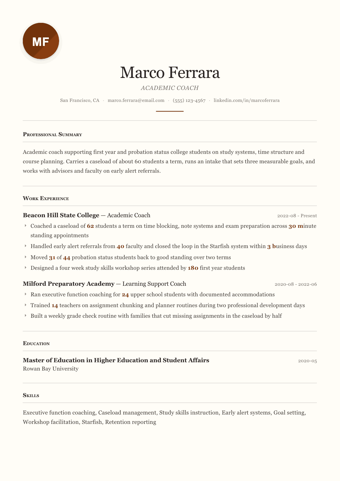 Academic Coach resume example, Paris template