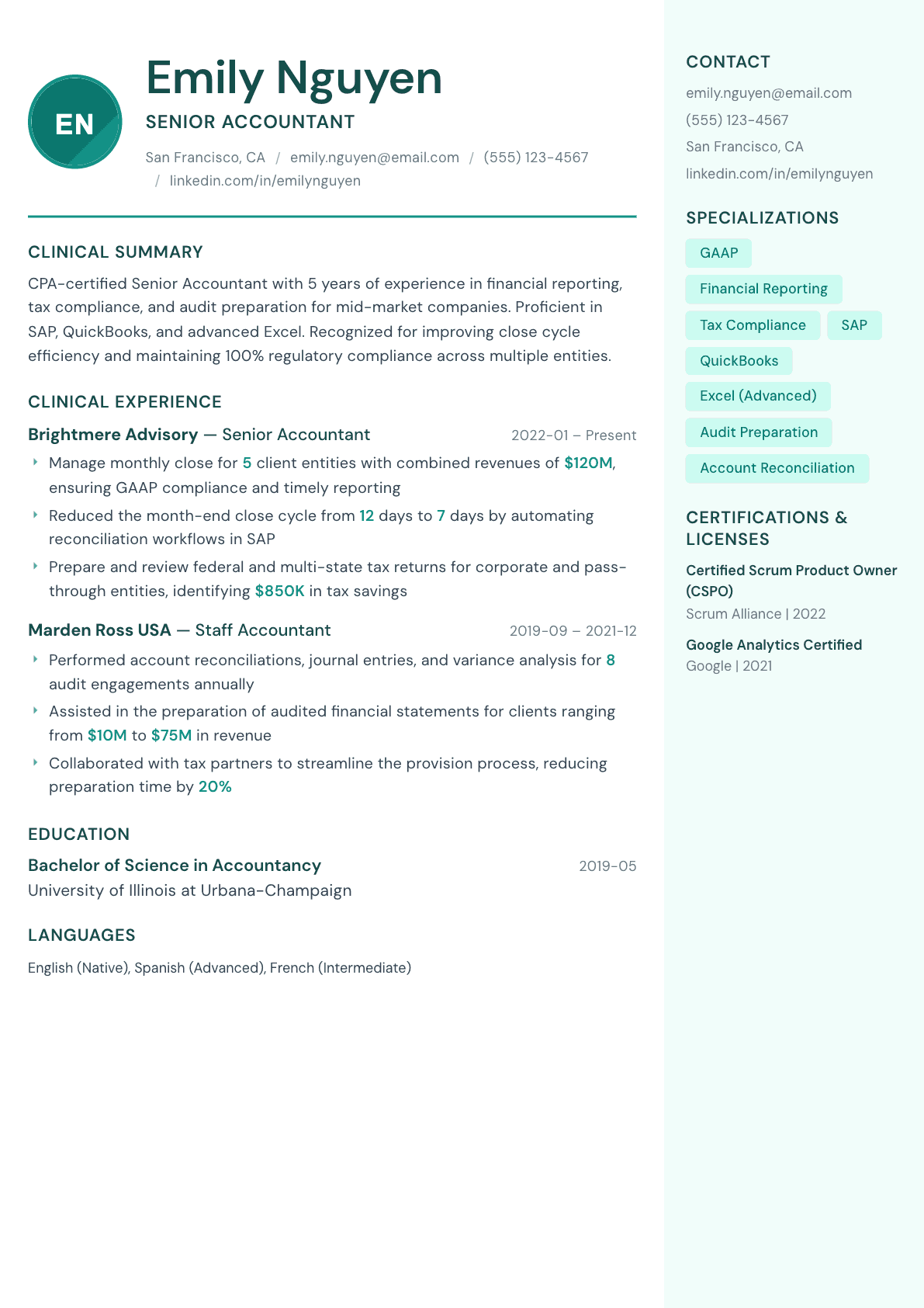 Accountant resume example, Remedy template