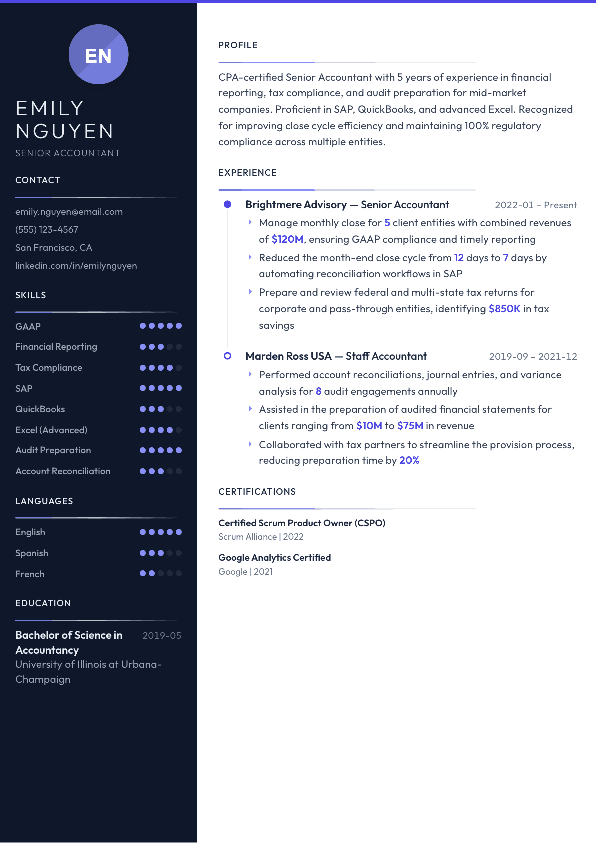 Accountant resume example, Zenith template