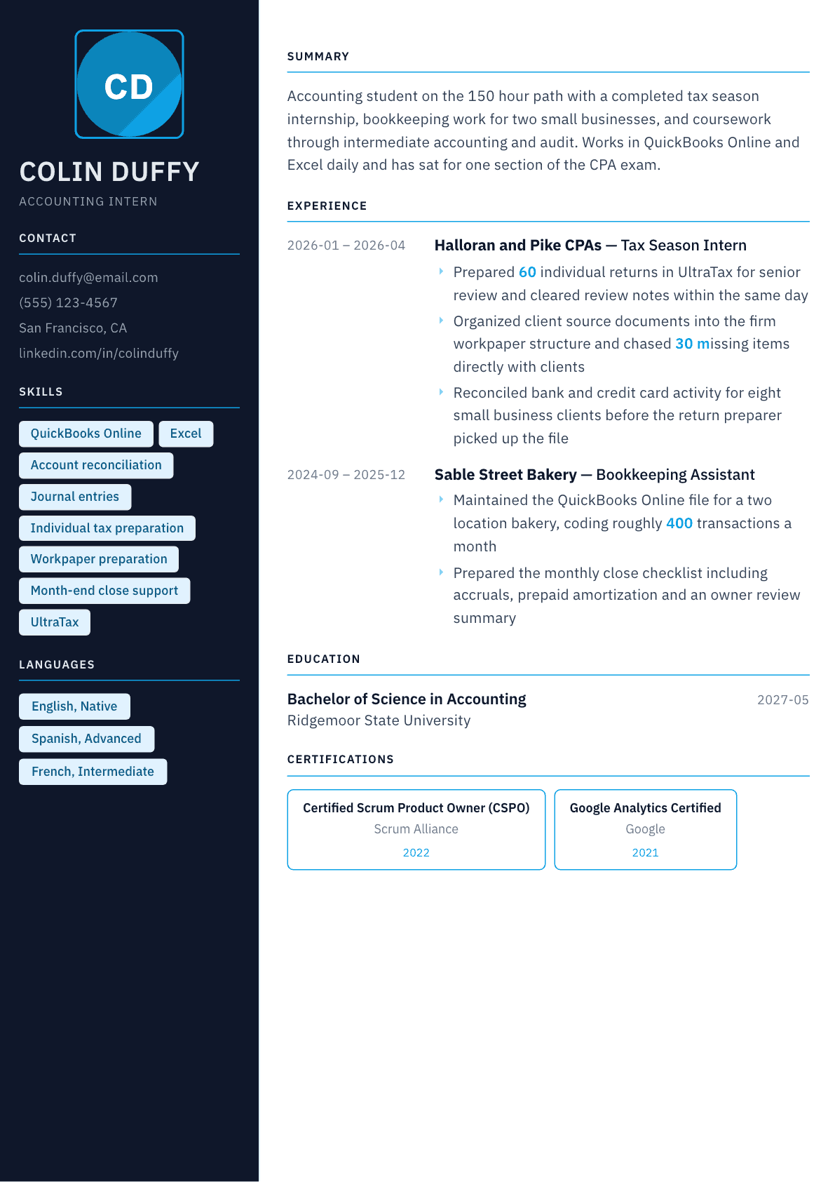 Accounting Intern resume example, Everest template