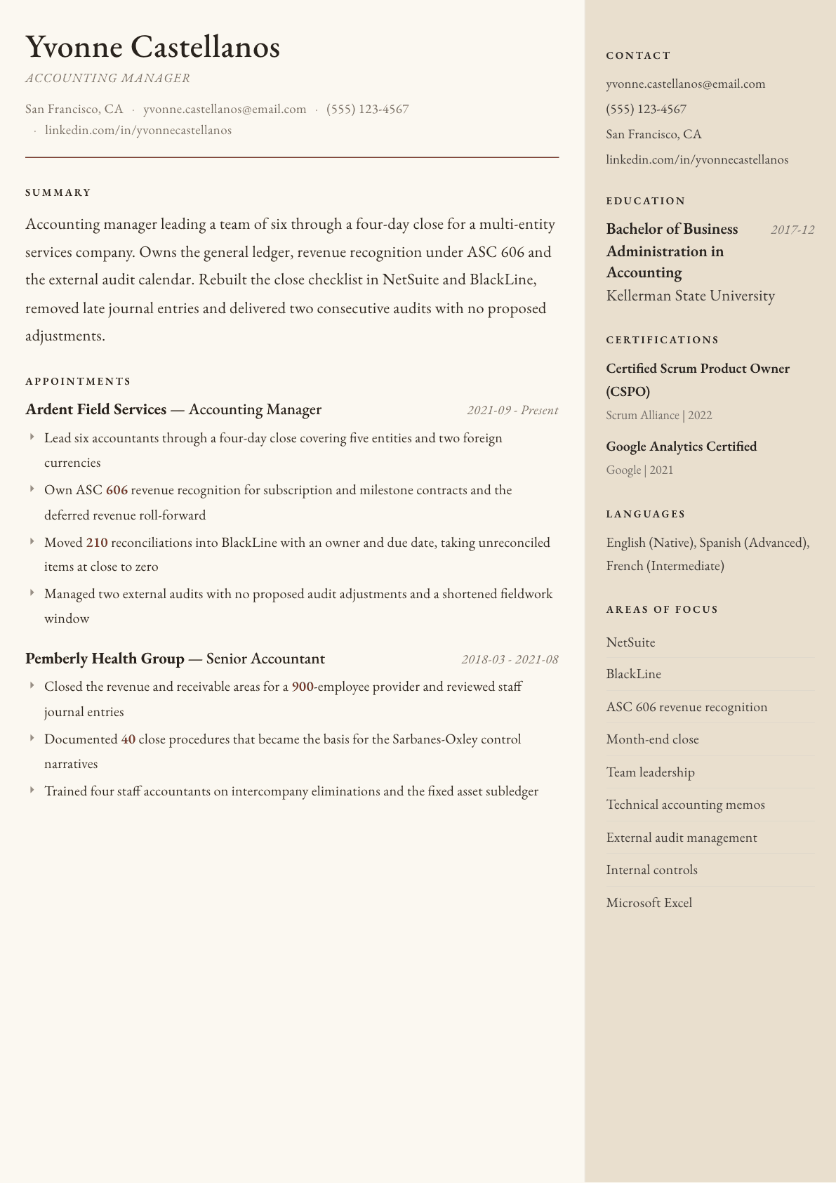 Accounting Manager resume example, Manuscript template