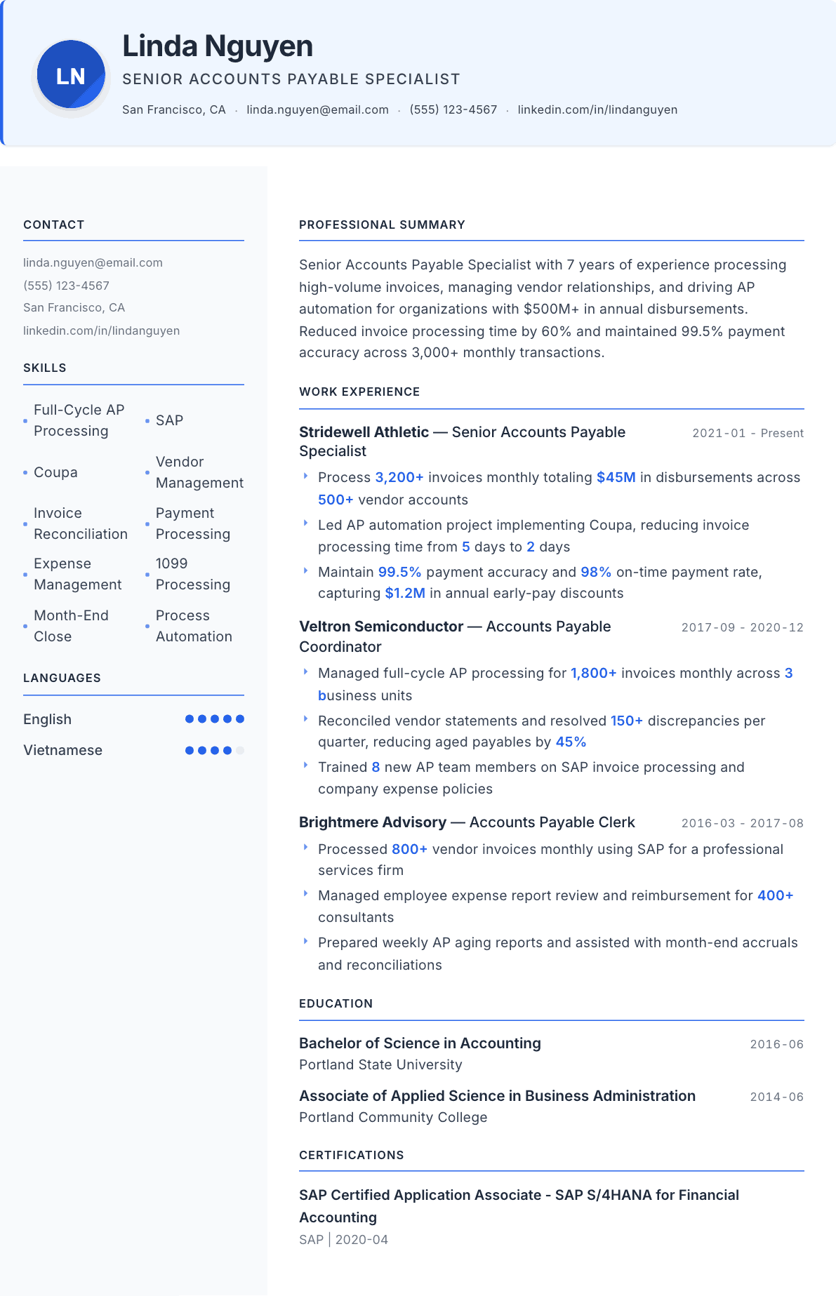 Accounts Payable Specialist resume example, Geneva template