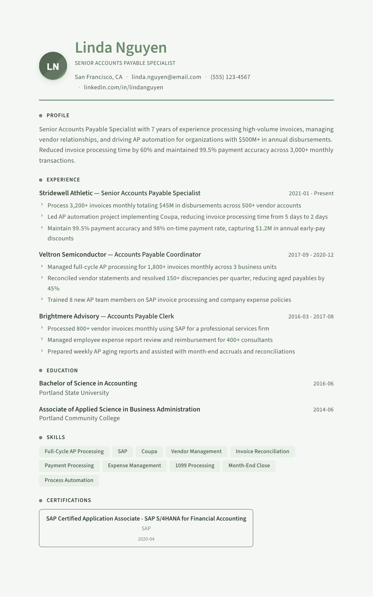 Accounts Payable Specialist resume example, Sage Garden template