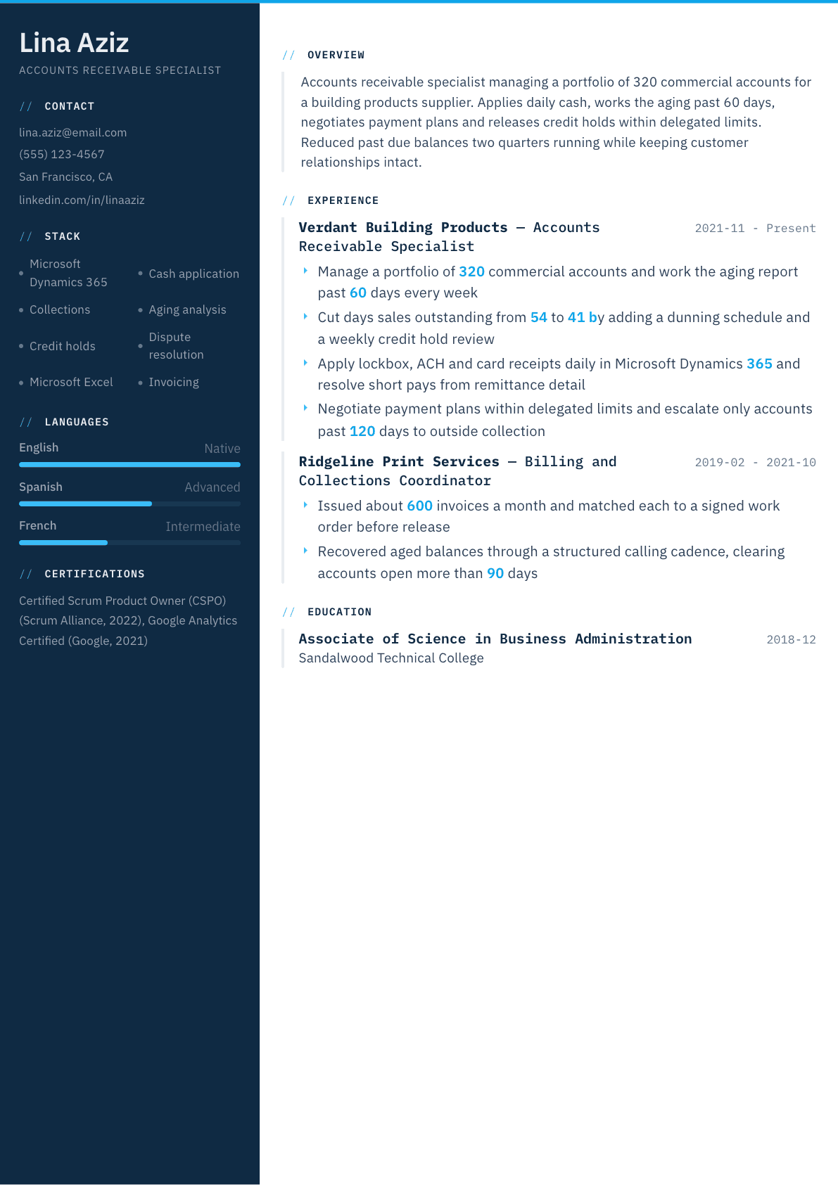 Accounts Receivable Specialist resume example, Datum template