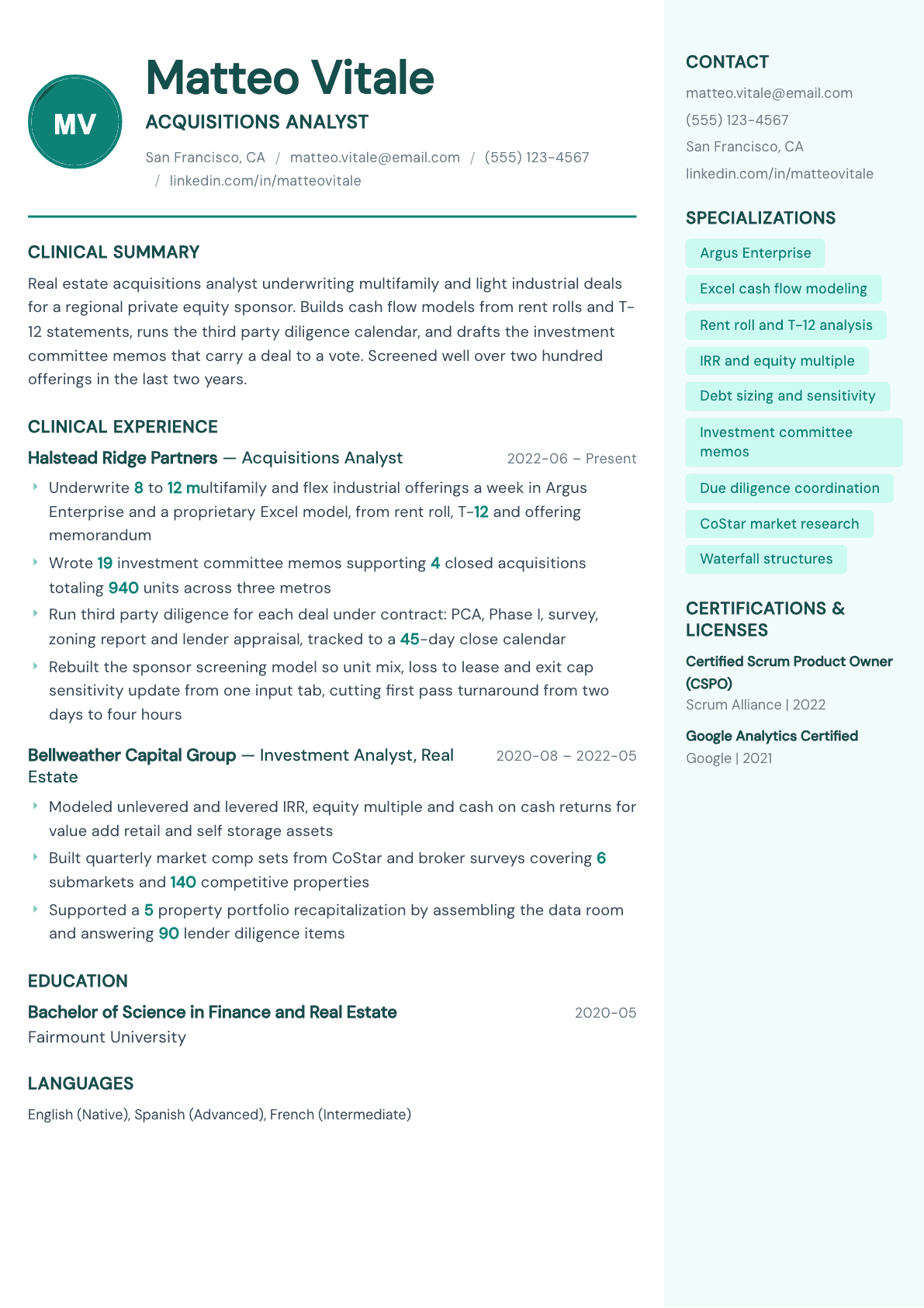 Acquisitions Analyst resume example, Remedy template