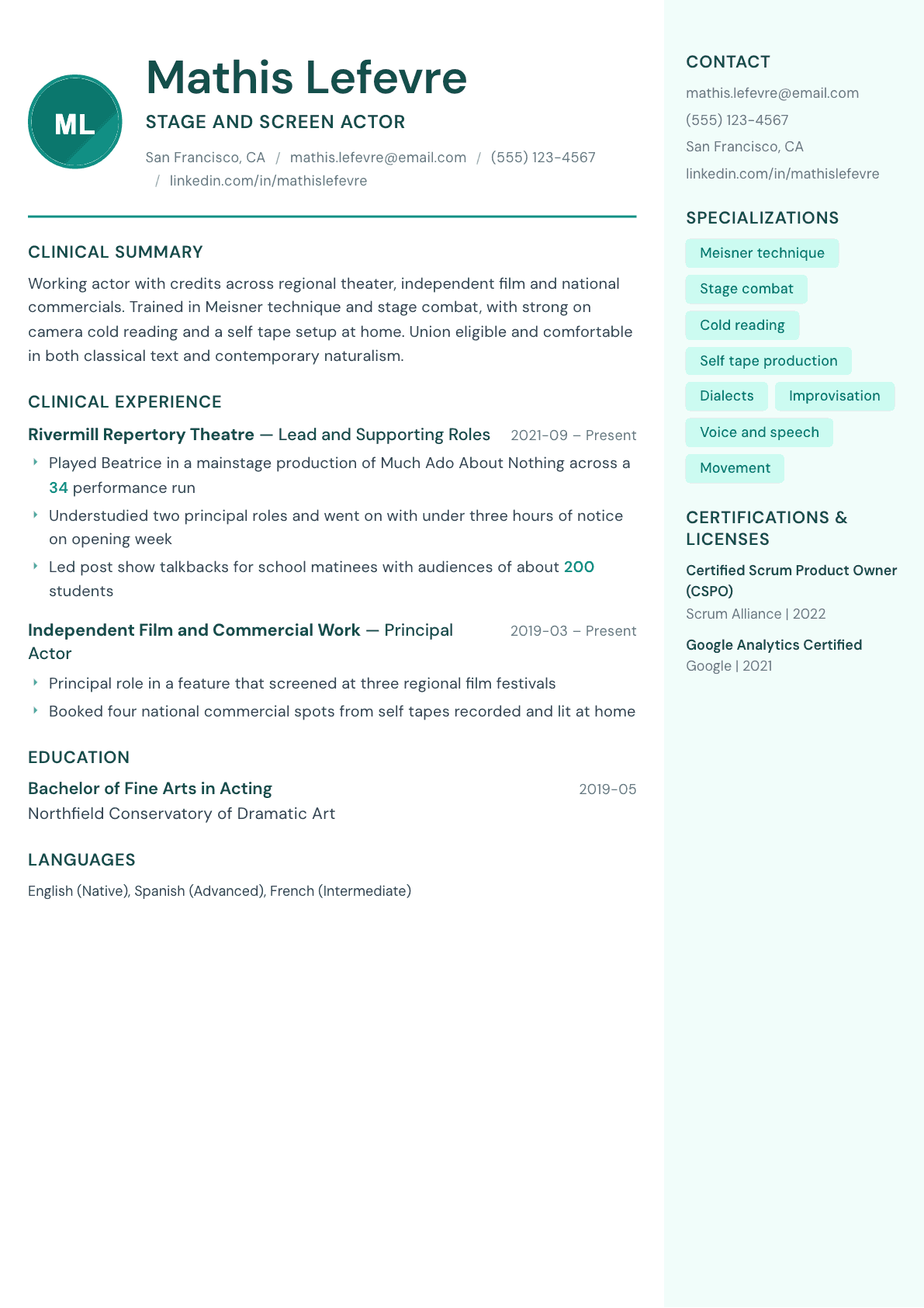 Actor resume example, Remedy template
