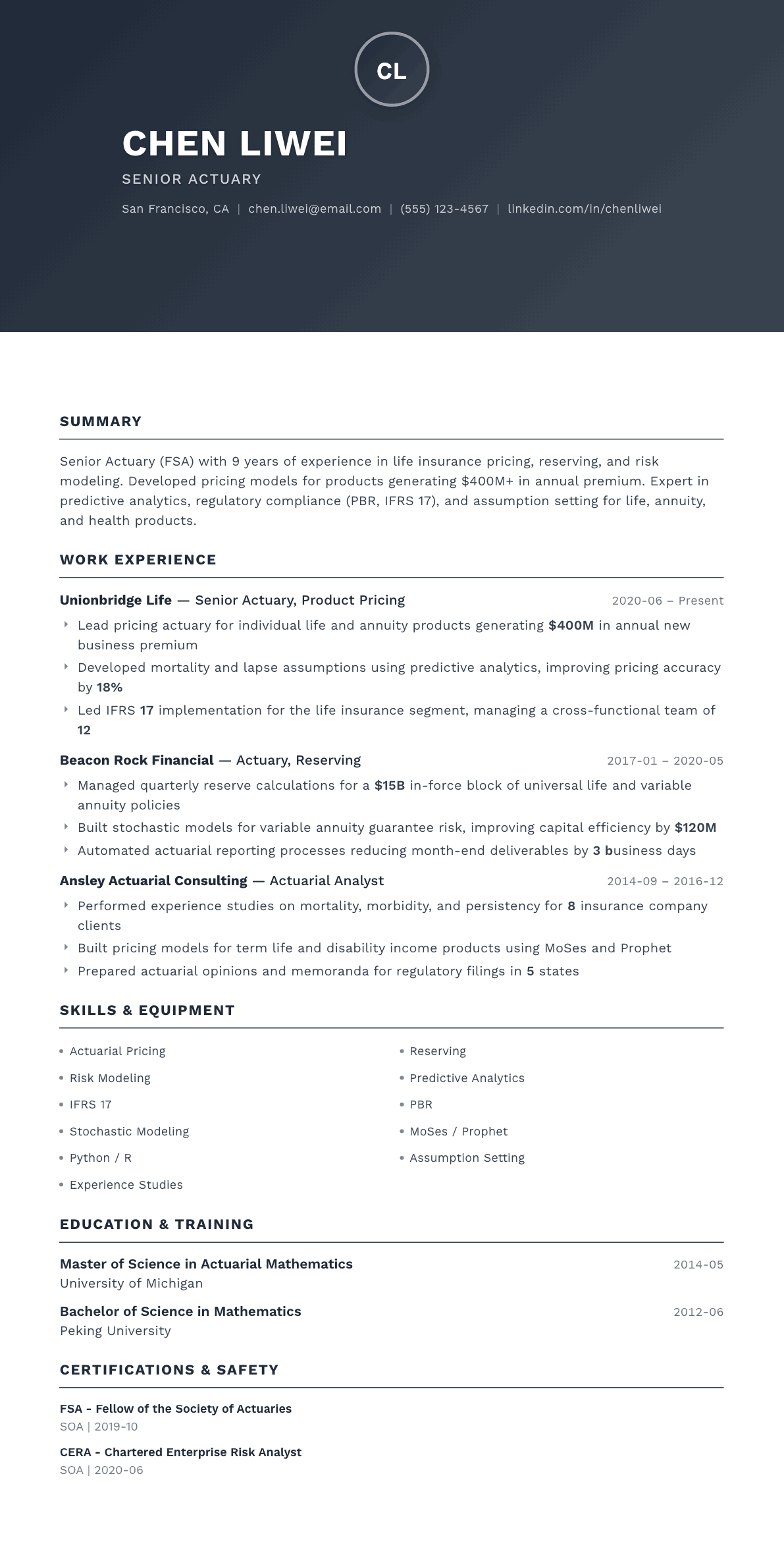 Actuary resume example, Foundation template