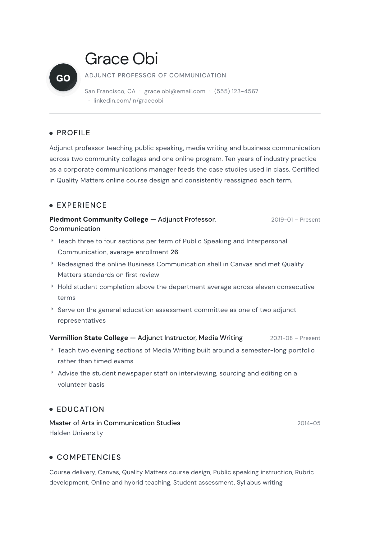 Adjunct Professor resume example, Pinnacle template