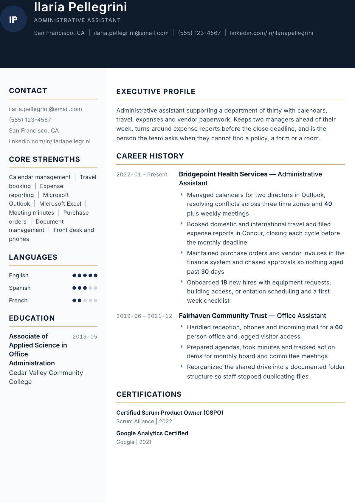 Administrative Assistant resume example, Consulate template