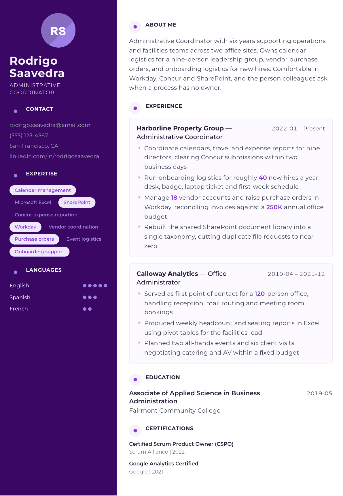 Administrative Coordinator resume example, Palette template