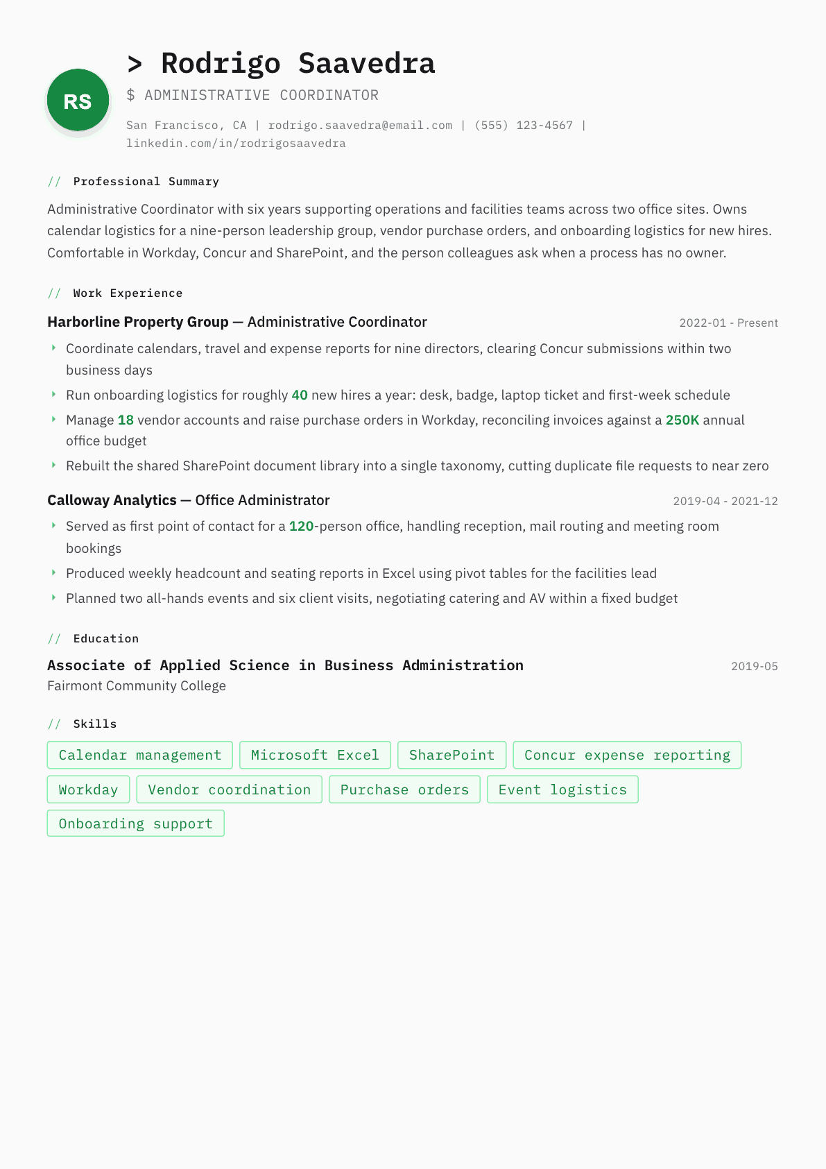 Administrative Coordinator resume example, Amsterdam template