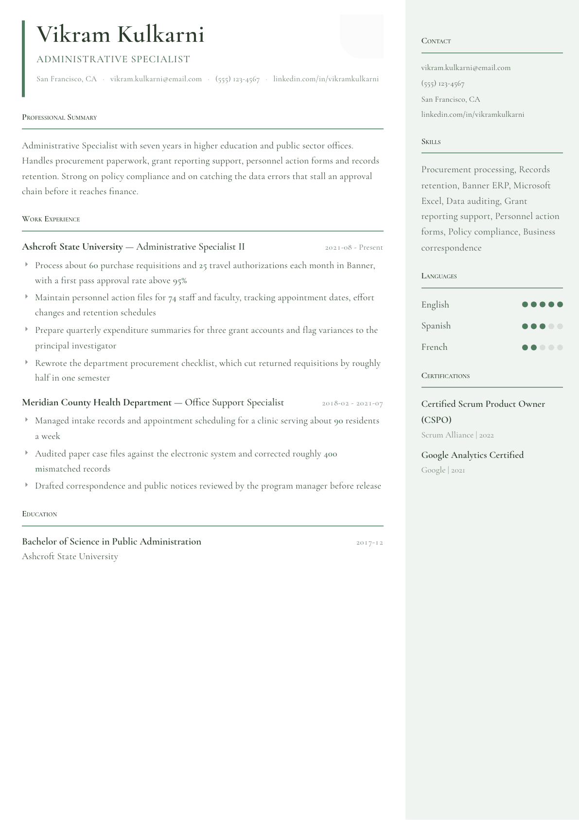 Administrative Specialist resume example, Copenhagen template