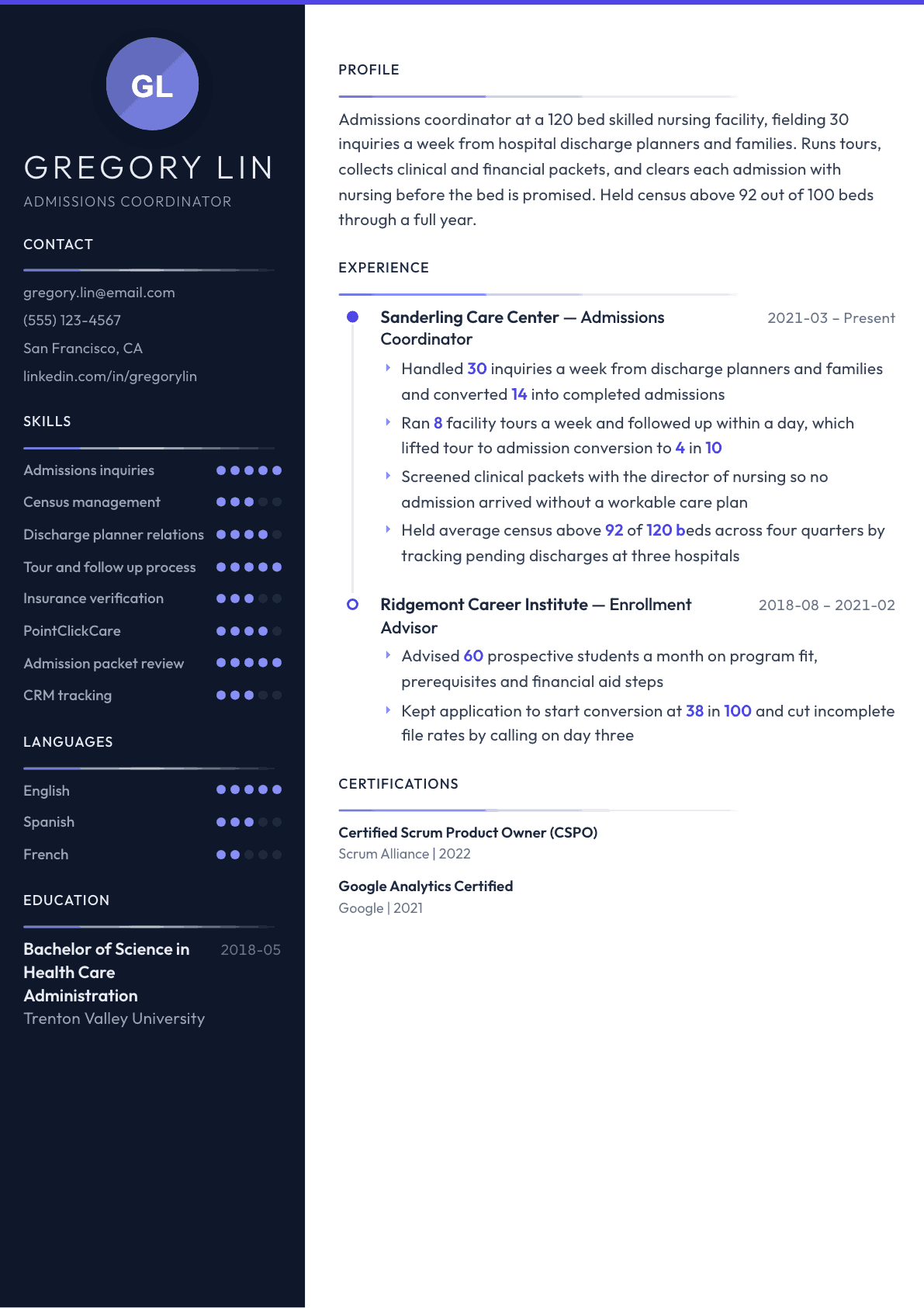 Admissions Coordinator resume example, Zenith template