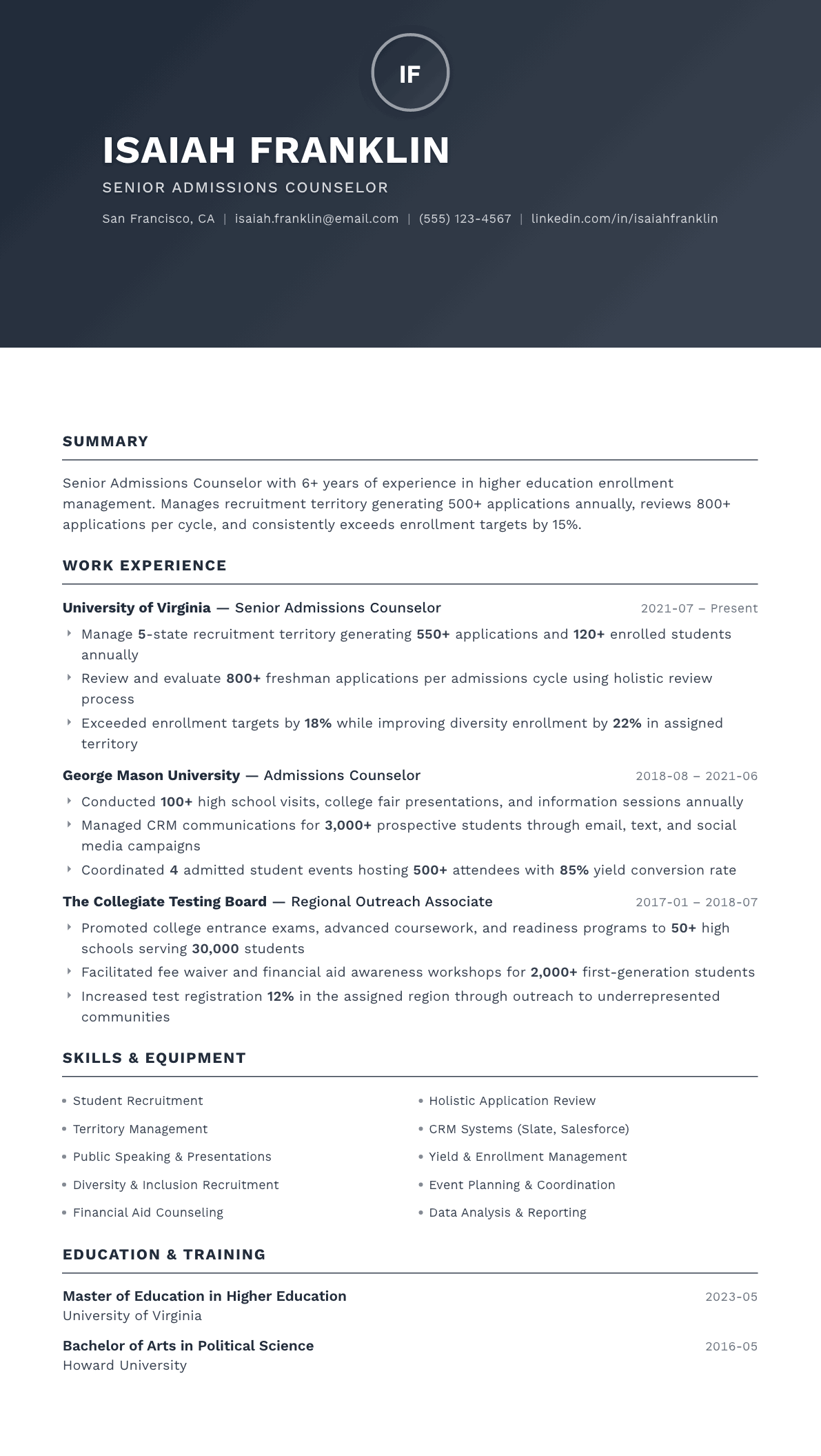 Admissions Counselor resume example, Foundation template