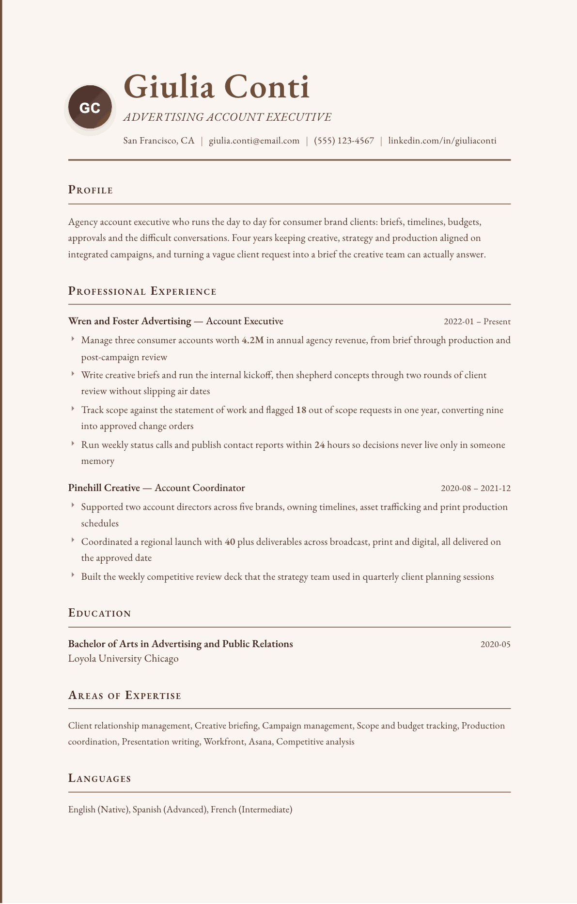Advertising Account Executive resume example, Vintage template