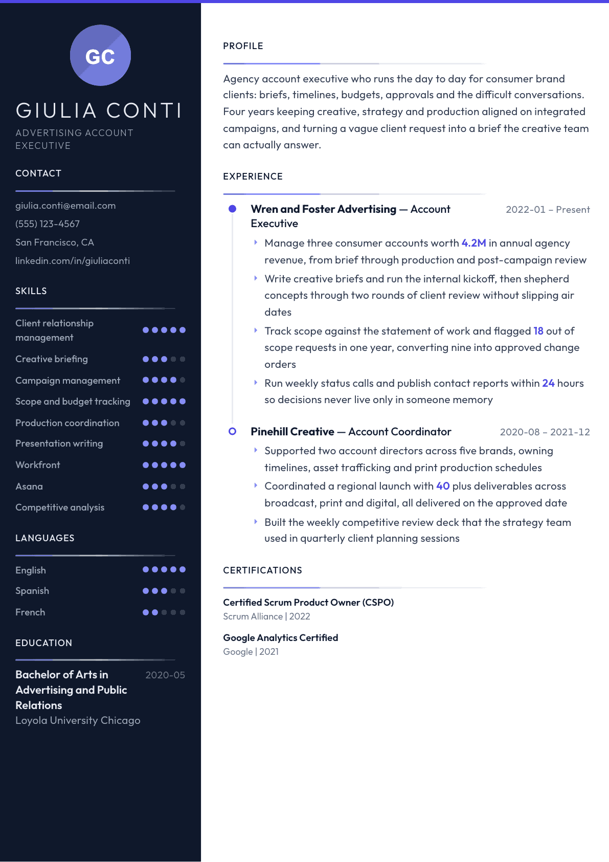 Advertising Account Executive resume example, Zenith template