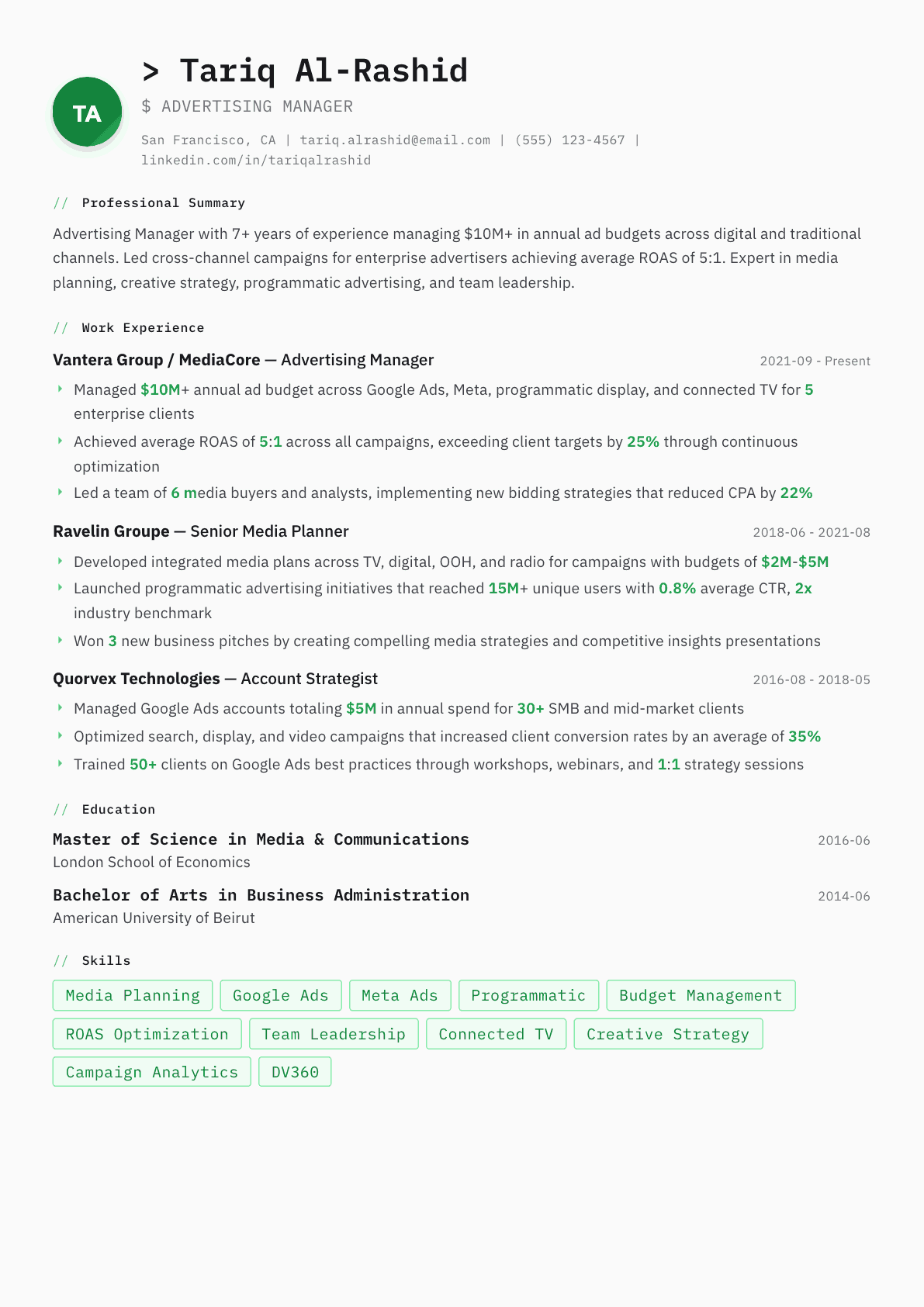Advertising Manager resume example, Amsterdam template