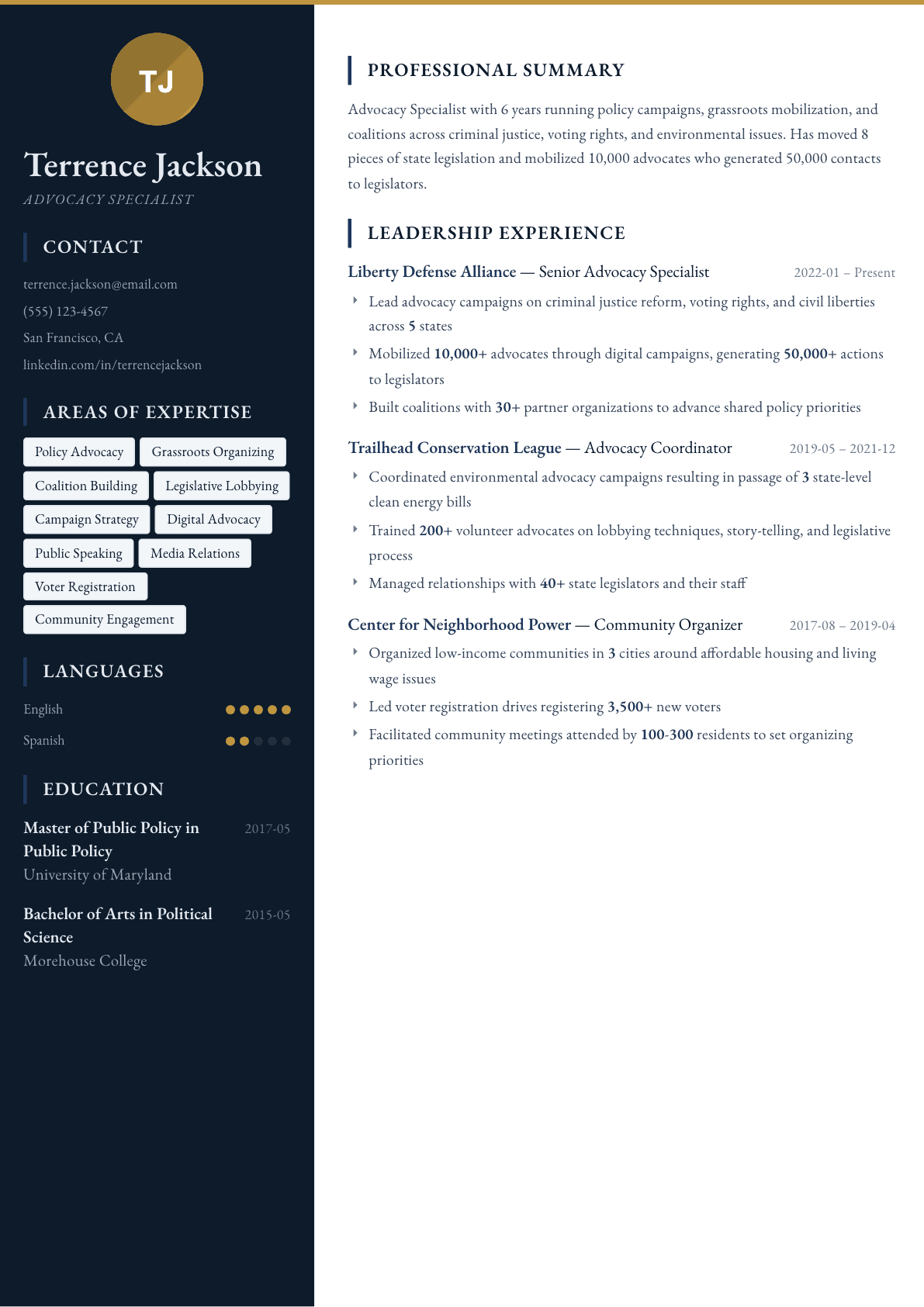 Advocacy Specialist resume example, Presidio template