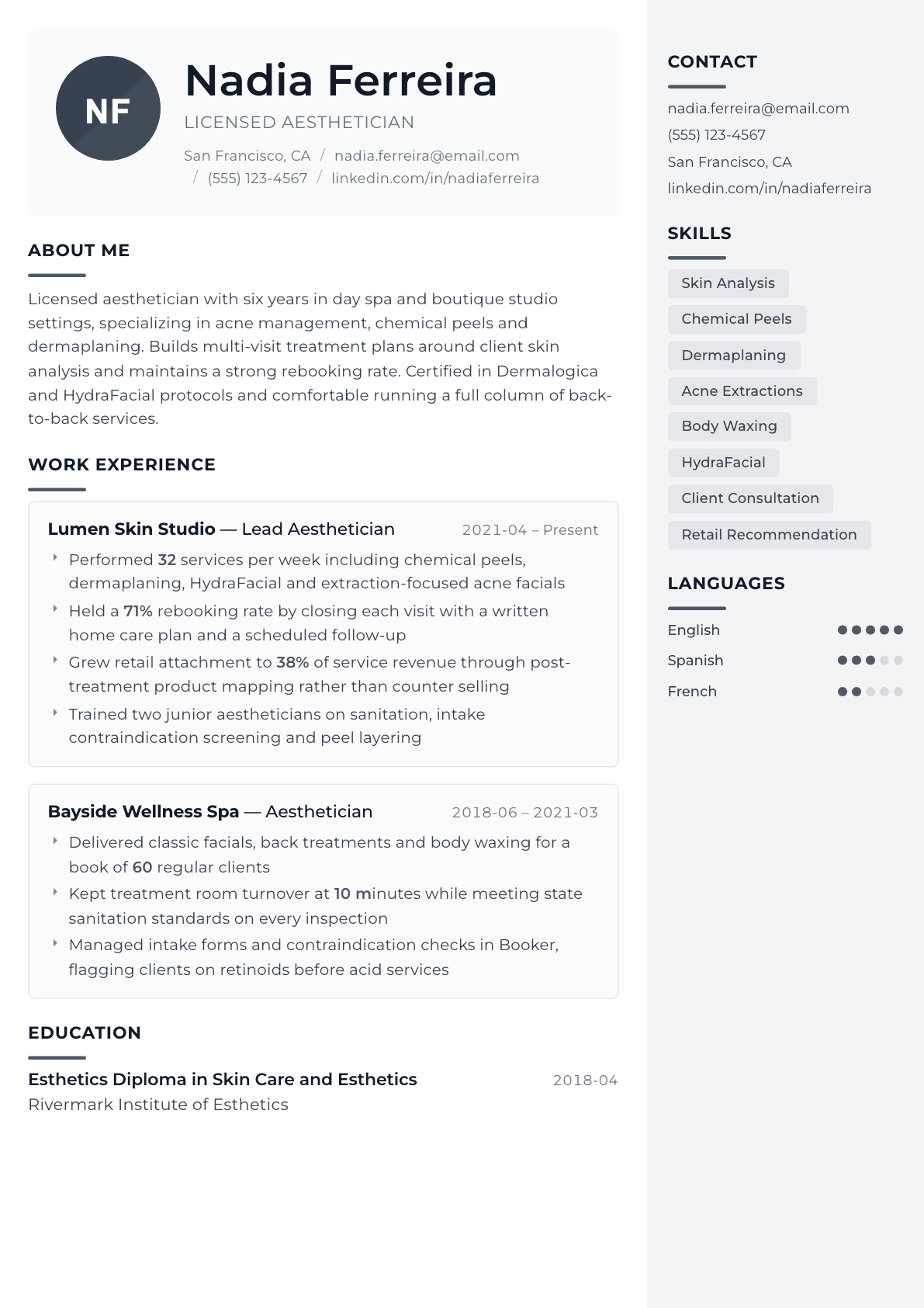 Aesthetician resume example, Metropolitan template