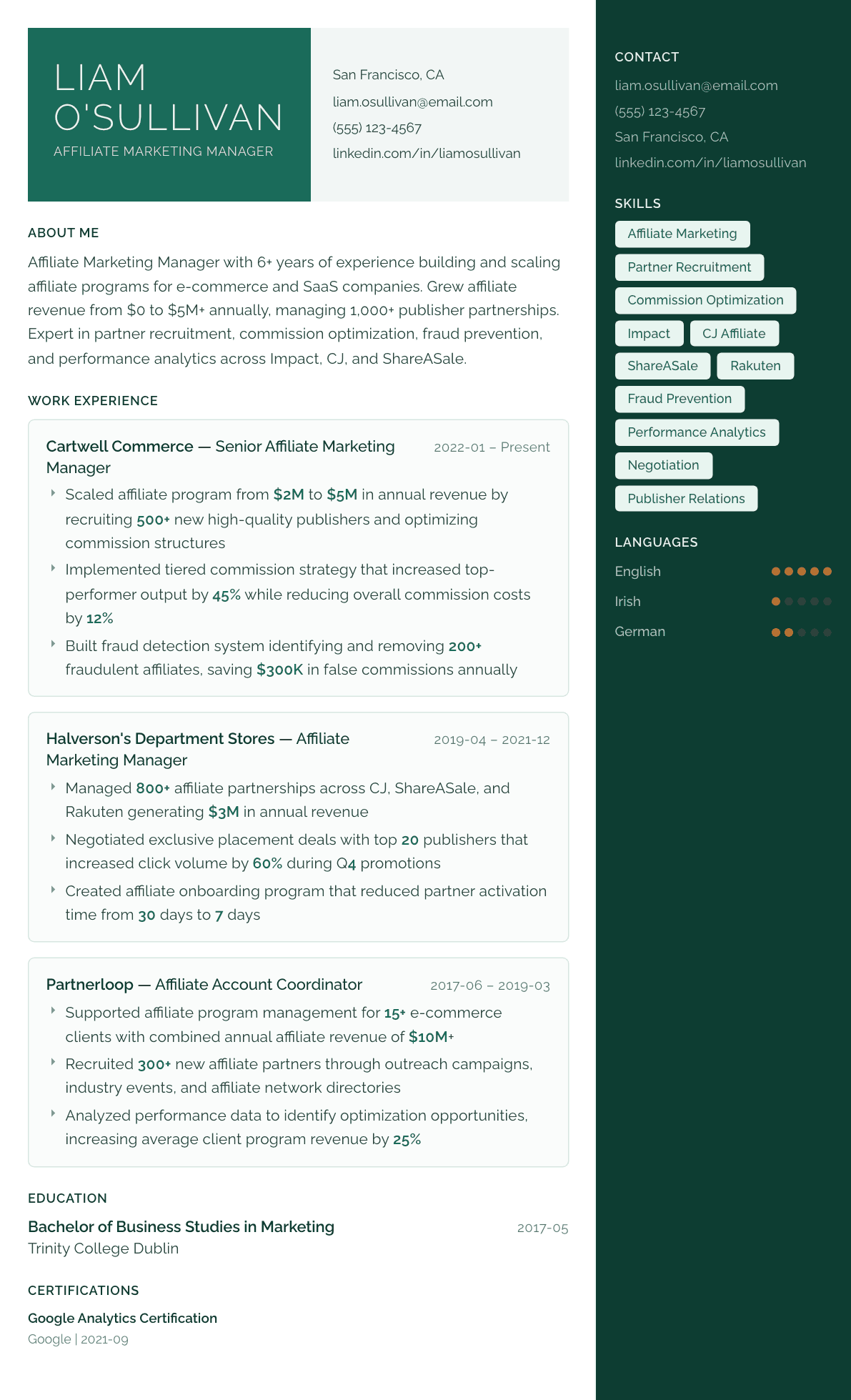 Affiliate Marketing Manager resume example, Aurora template