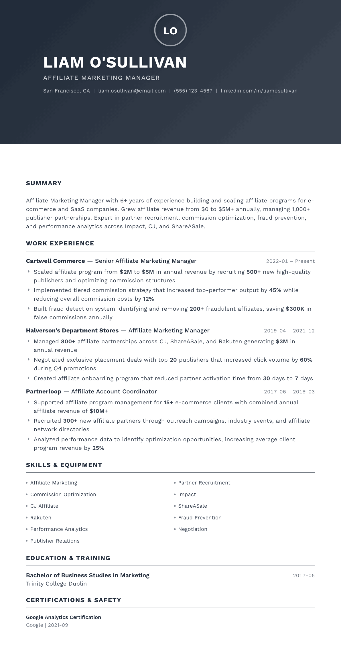 Affiliate Marketing Manager resume example, Foundation template