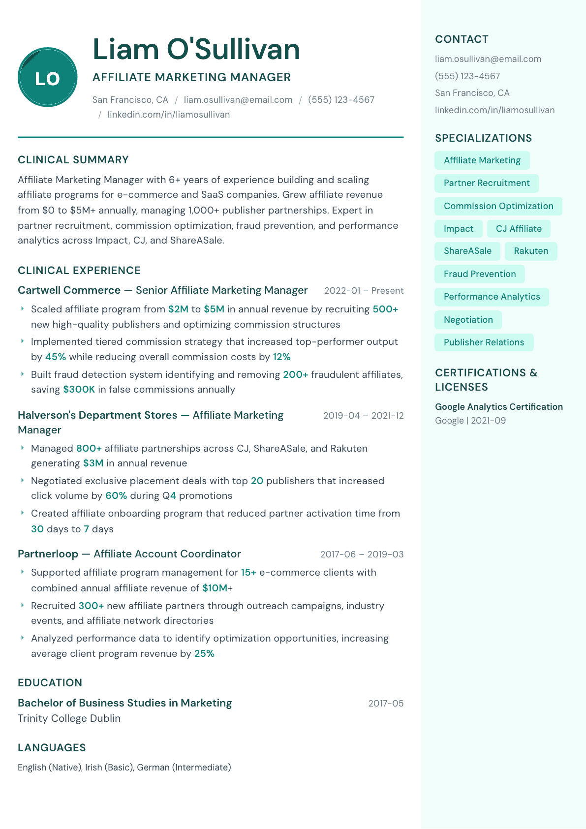 Affiliate Marketing Manager resume example, Remedy template